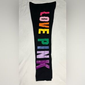 EUC Women PINK Victoria's Secret Black Leggings with Colorful Logo Size X Large